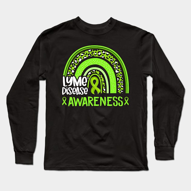 Leopard Rainbow Lime Green Ribbon Lyme Disease Awareness Long Sleeve T-Shirt by JazlynShyann